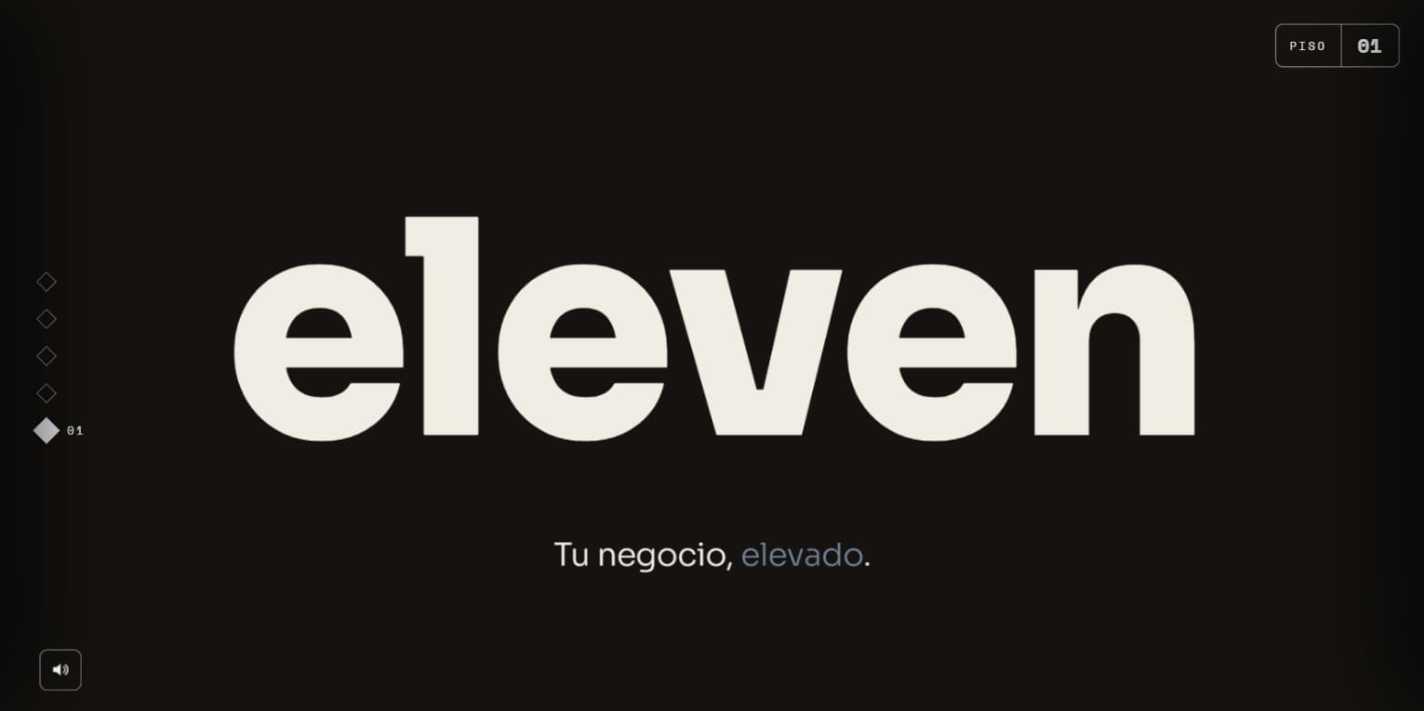 Eleven: floor 01 of the elevator site, the «eleven» wordmark and «Tu negocio, elevado.», with the floor HUD and rail