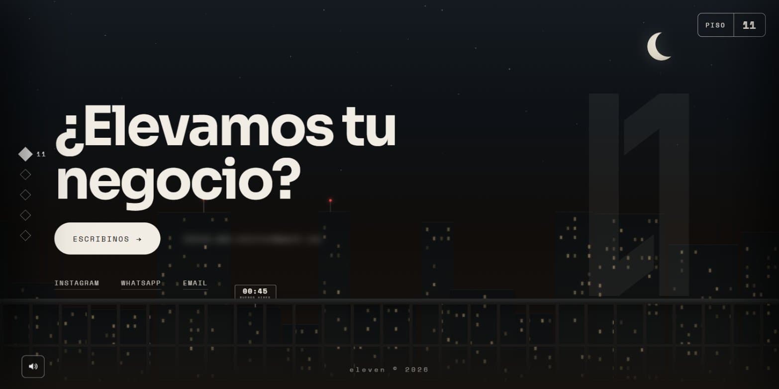 Eleven: floor 11, the night terrace with «¿Elevamos tu negocio?» and the contact links (email blurred)
