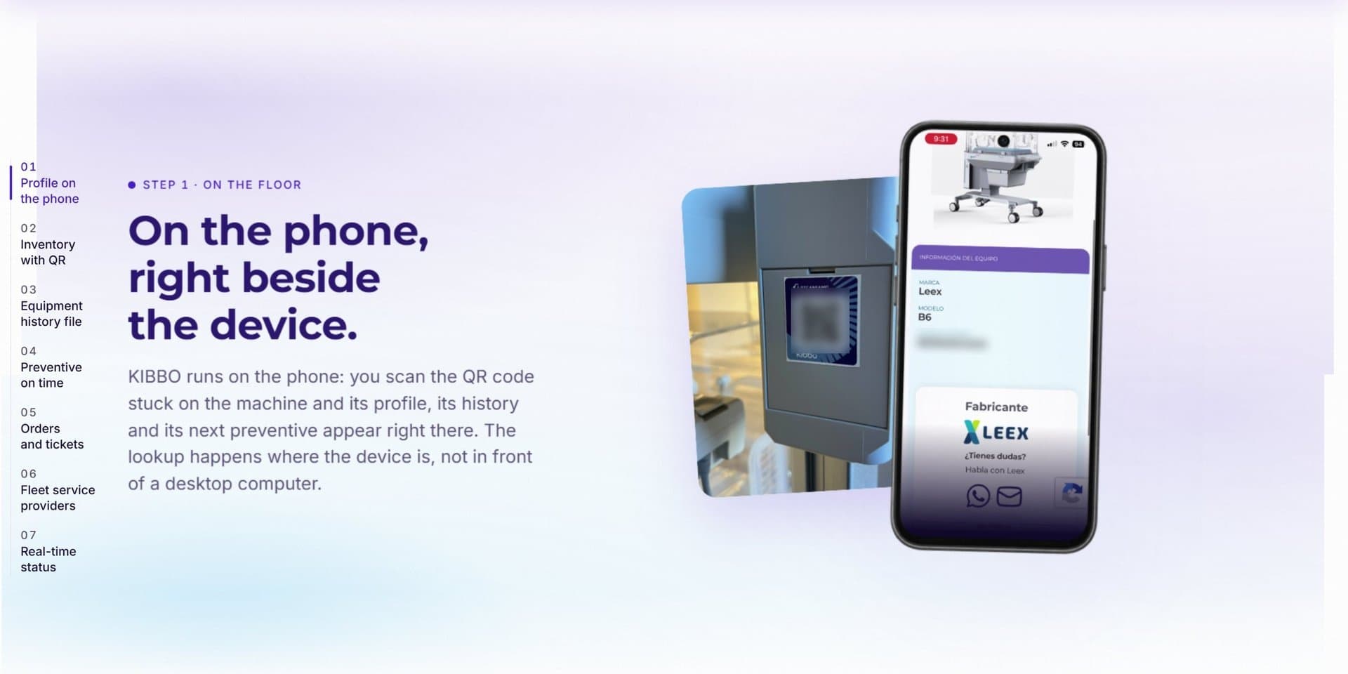 /en/how-it-works, step 1: scan the QR on the device and its record opens on the phone (serial and QR blurred).