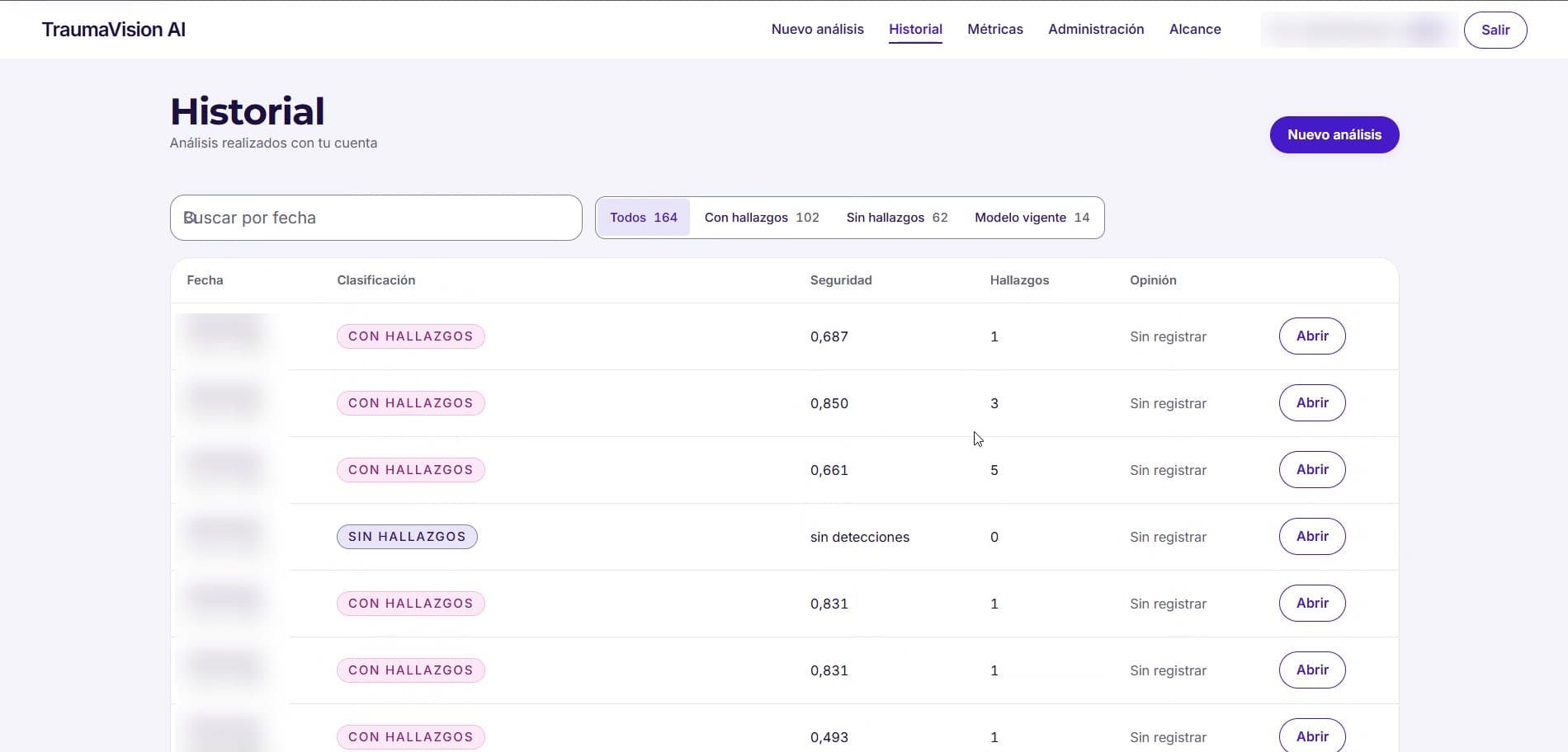 TraumaVision: analysis history, filterable by result and model (164 analyses: 102 with findings, 62 without)